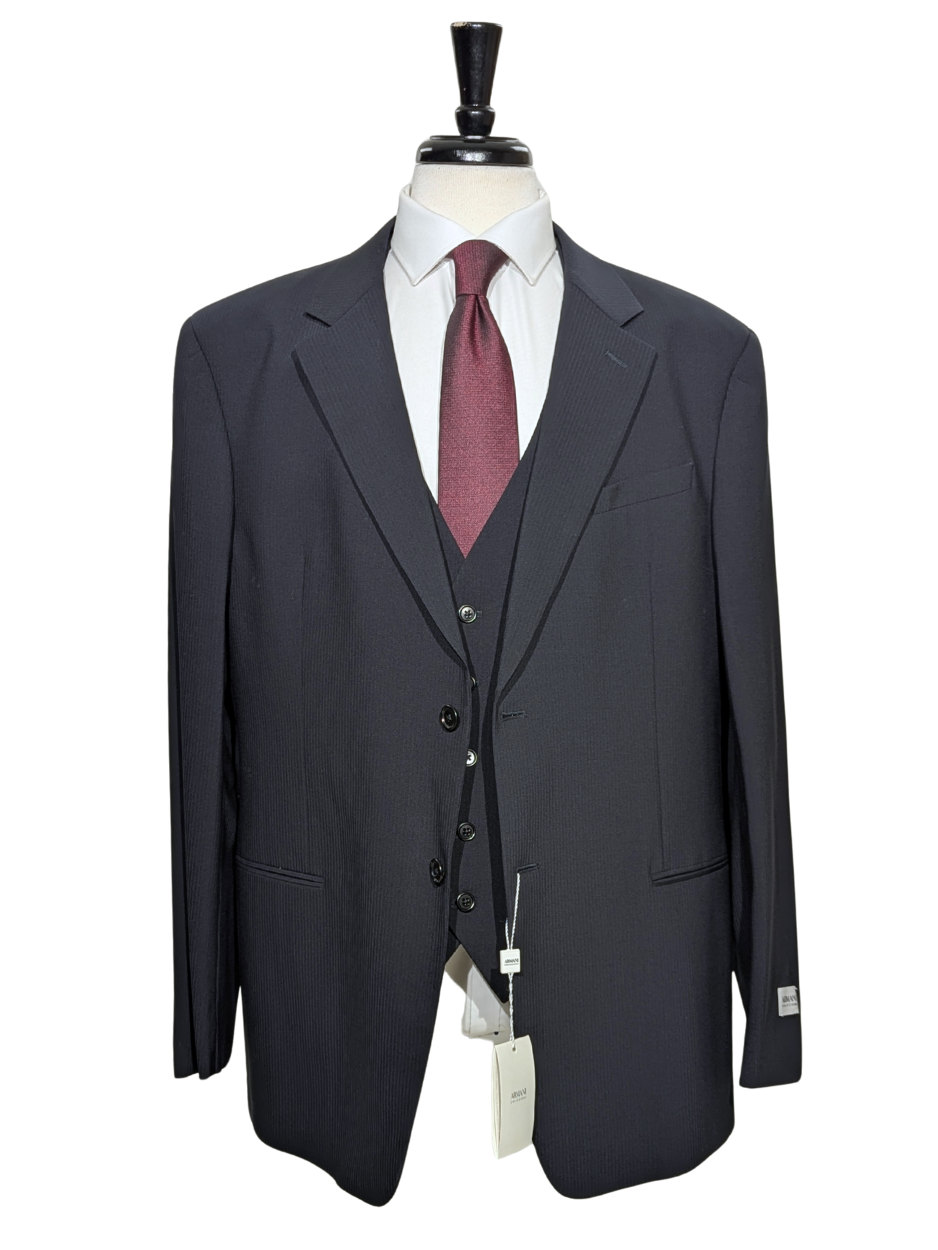 Armani Collezioni Navy Tonal Pinstriped Notch Lapel 3-Piece wool Stretch Suit - 48R