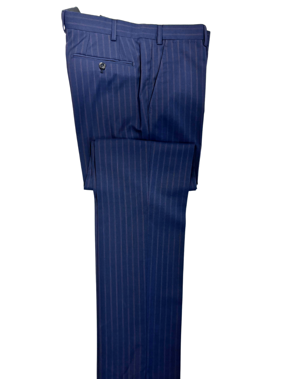 Armani Collezioni S-Line Blue With Burgundy Pinstriped Notch Lapel Wool 2-Button Suit - 40R