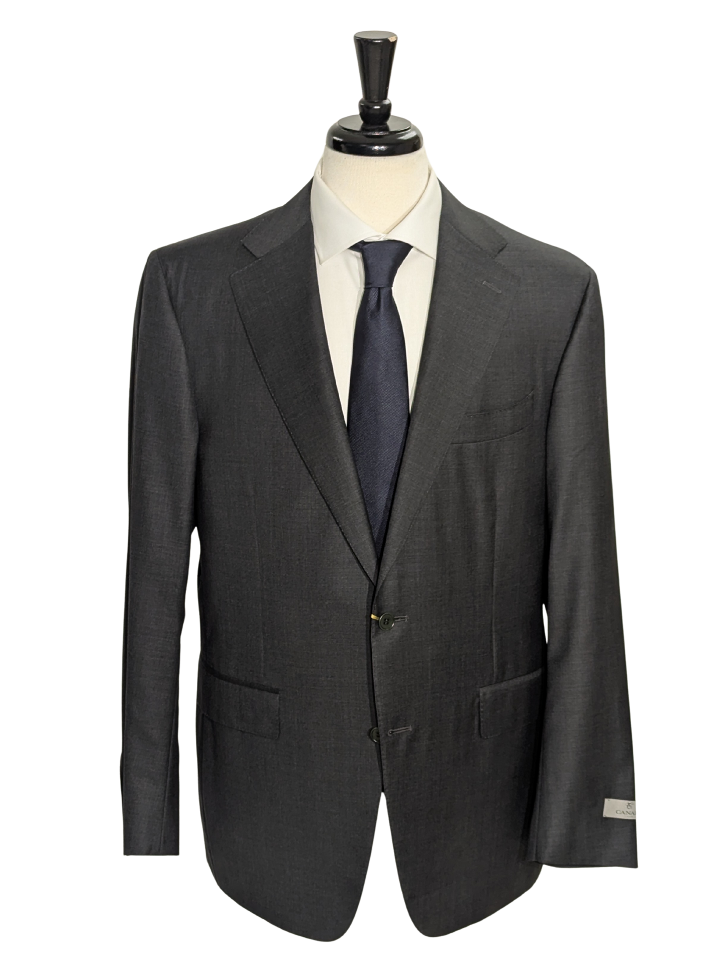 Canali Charcoal Grey Solid Notch Lapel 100% Wool 2 Button Suit 44R