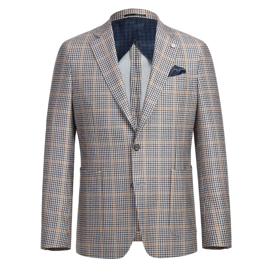 Raphael Brown And Blue Houndstooth Slim Fit Half Canvas Notch Lapel Two Button Blazer