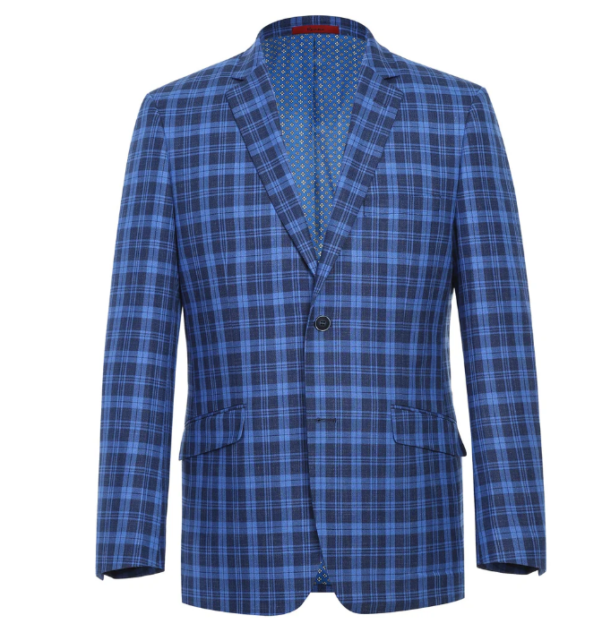Raphael Blue Plaid Slim Fit Two Button Notch Lapel Blazer