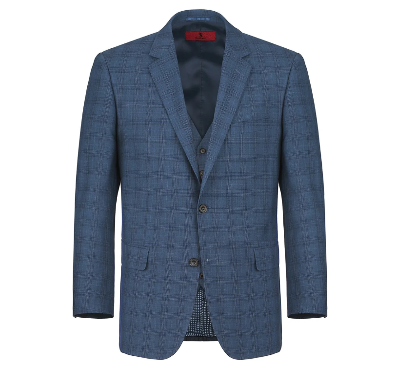 Raphael Blue Plaid Classic Fit Notch Lapel Two Button 3 Piece Suit