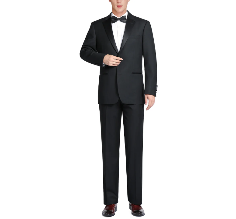 Raphael Solid Black Classic Fit 100% Wool Two Button Notch Lapel Tuxedo Suit