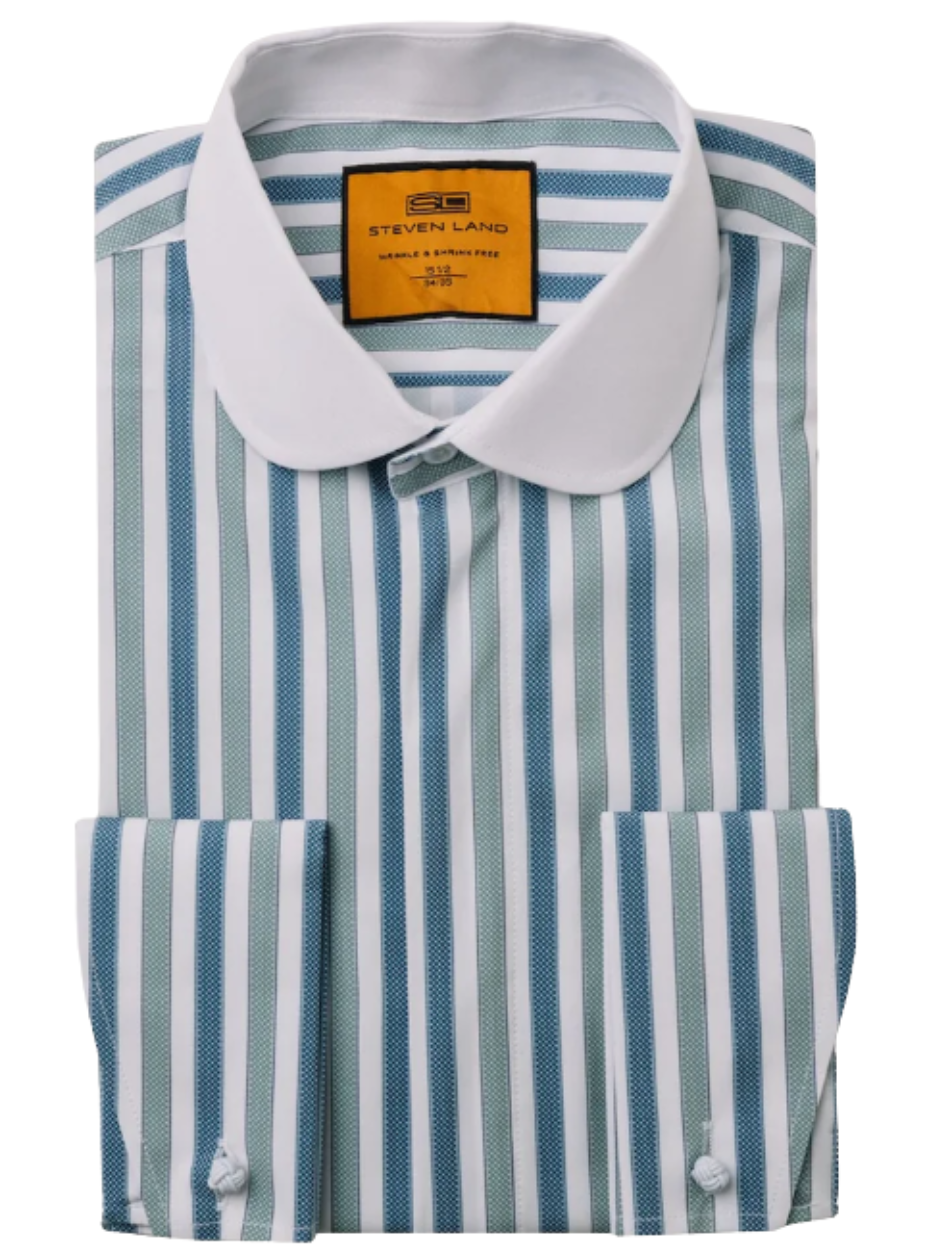 Steven Land Green & Teal Striped Club Collar French Cuff 100% Cotton Wrinkle & Shrink Free Dress Shirt