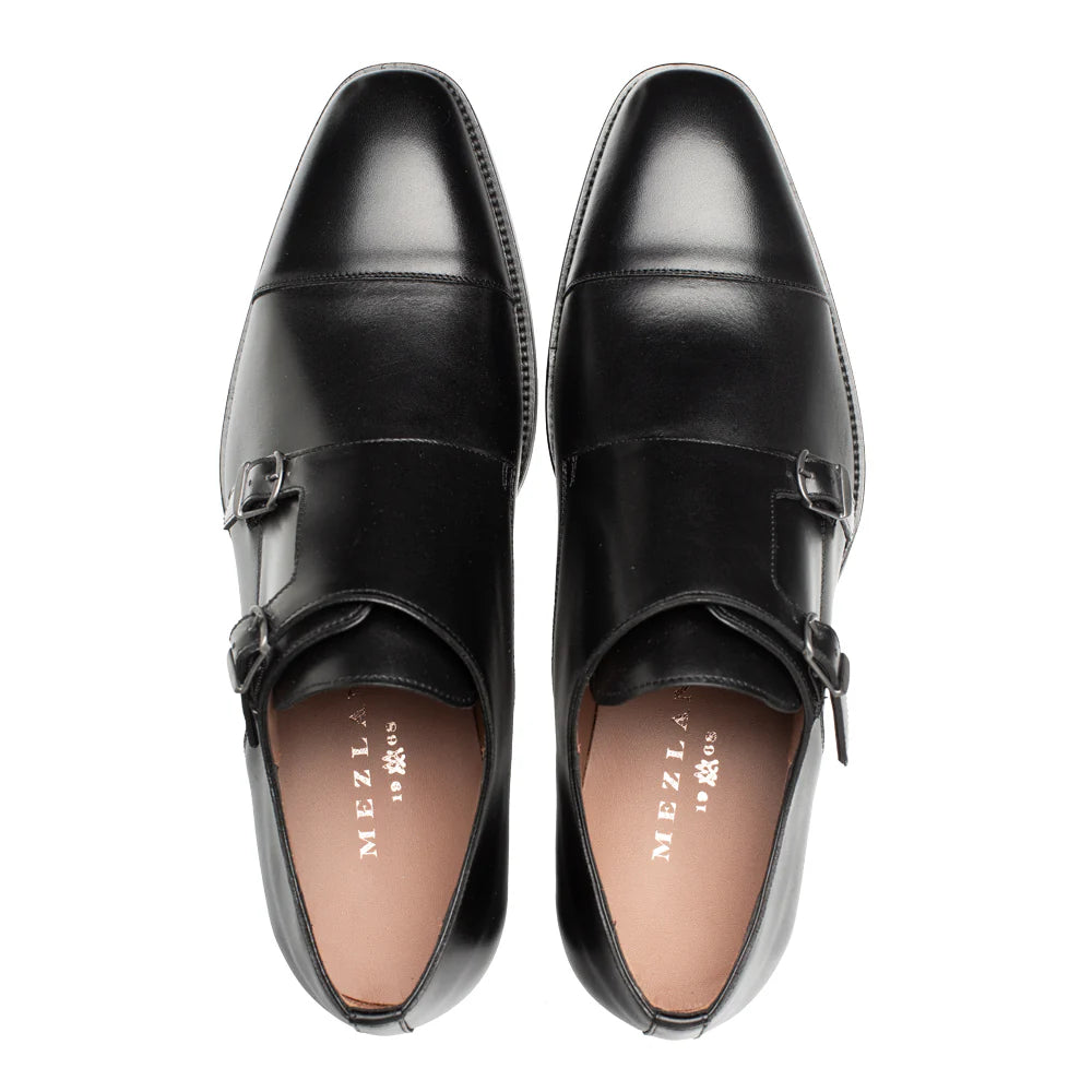 Mezlan Mens Black Cap Toe Double Monk Strap Leather Dress Shoes
