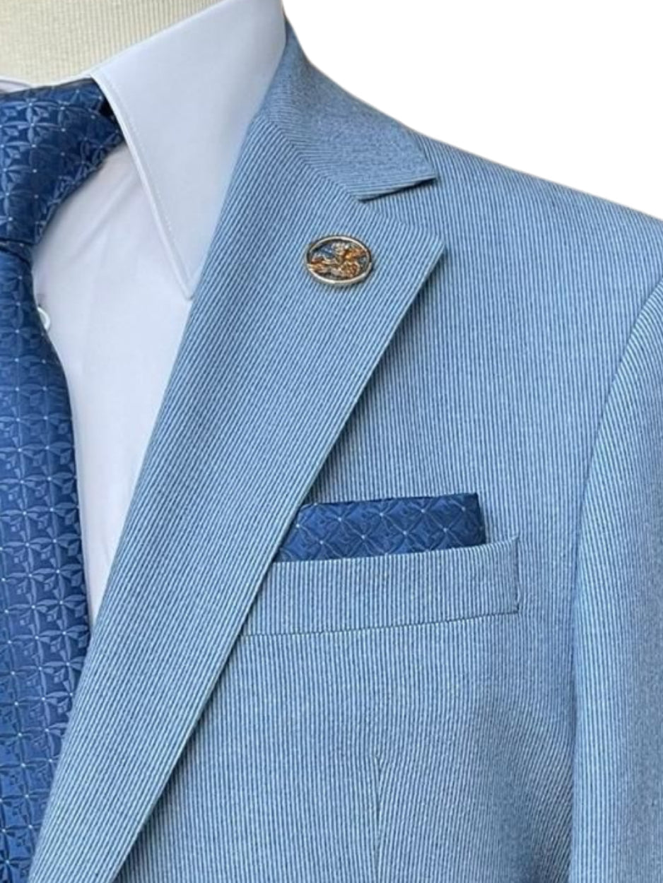 Pierre Carlos Pinstriped Light Blue Slim Fit Stretch Linen Suit with Drawstring Waist