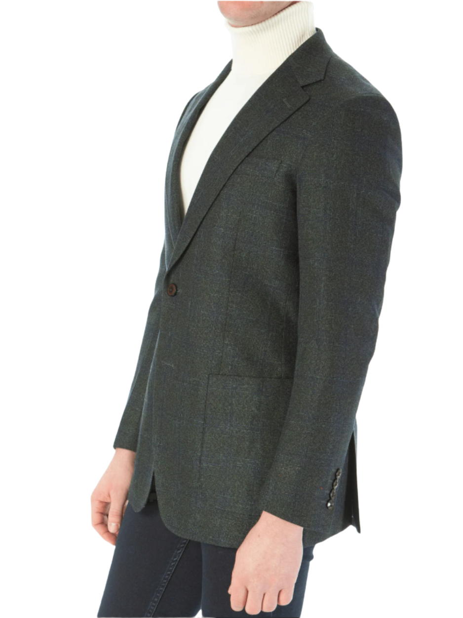 Sartoria Mazara Mens Classic Fit Green With Blue Check 2 Button Stretch Blazer Sportcoat