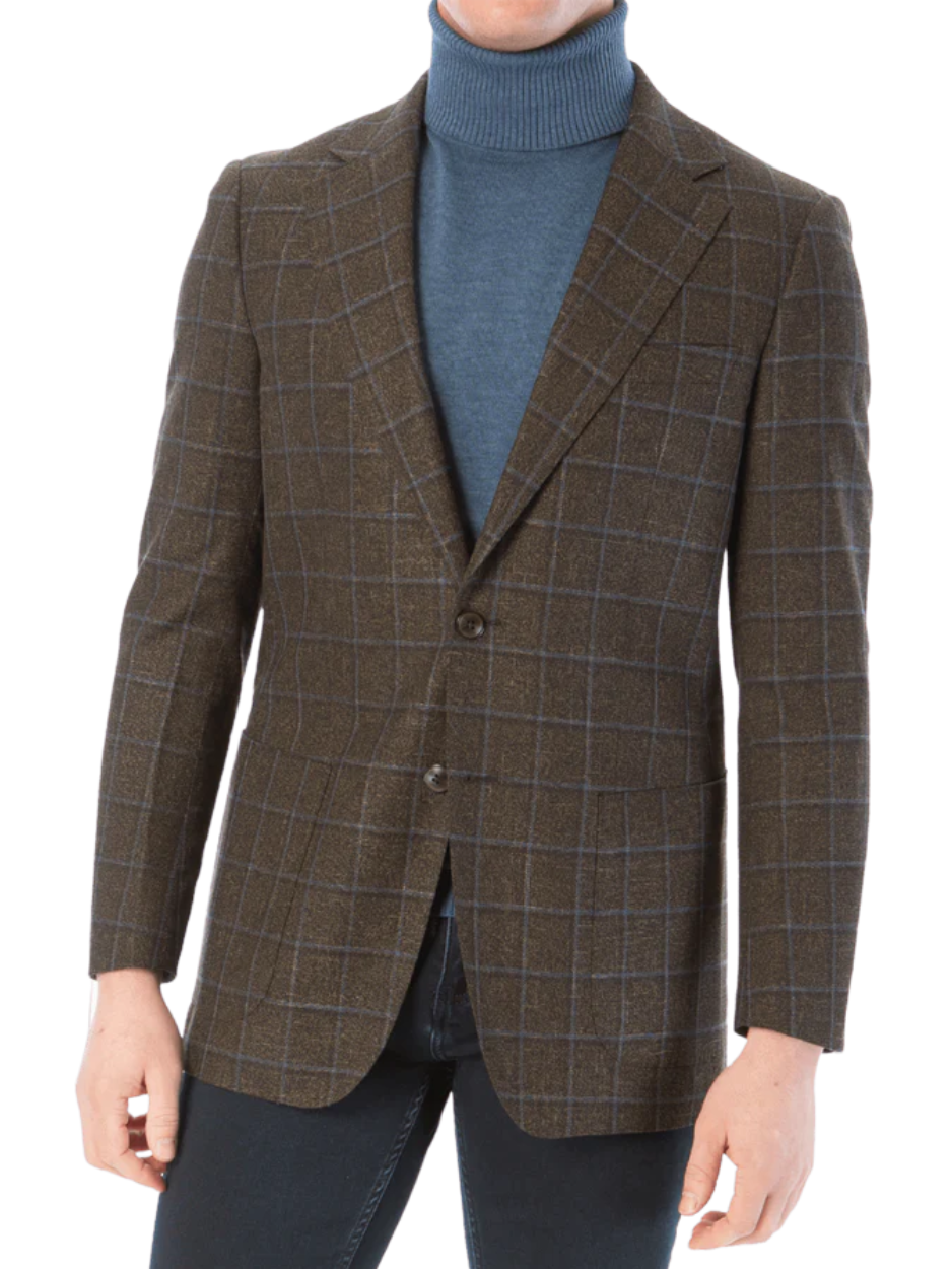 Sartoria Mazara Mens Classic Fit Brown & Blue Check Two Button Stretch Blazer Sportcoat