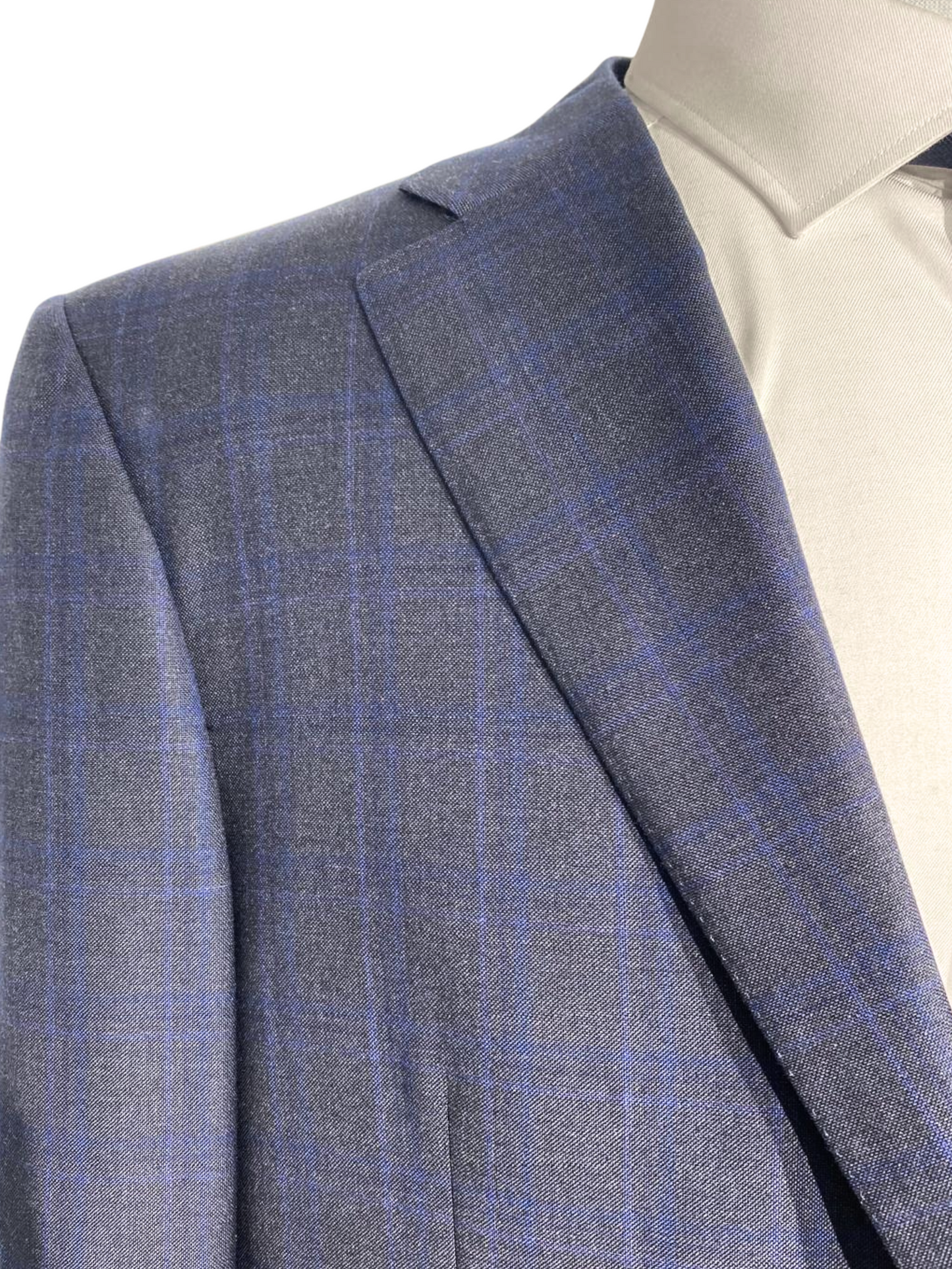 Canali Navy Blue Plaid Notch Lapel Classic Fit 100% Wool 2 Button Suit 44L