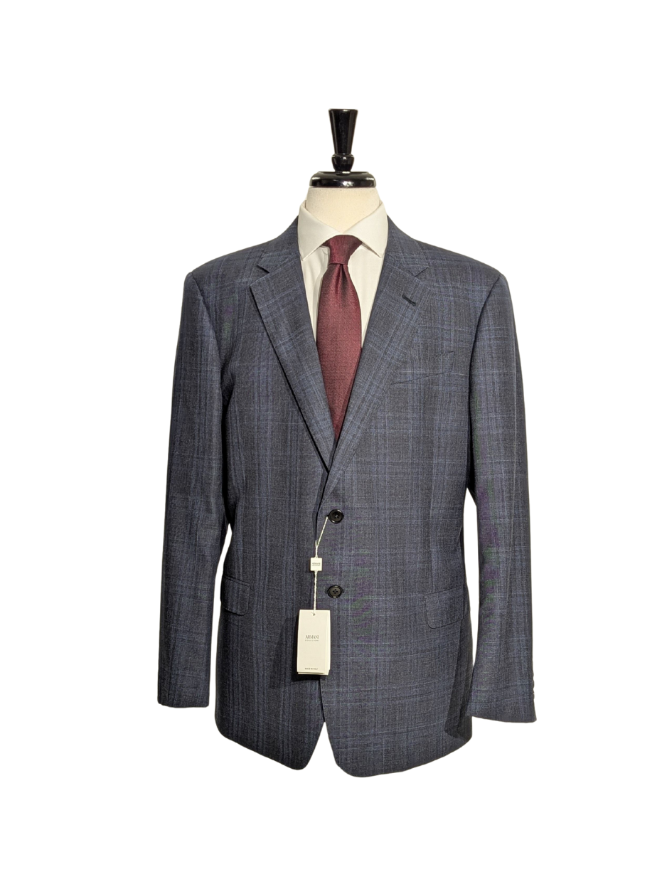 Armani Collezioni Navy Blue and Gray Check 100% Wool Notch Lapel 2 Button Suit 46R