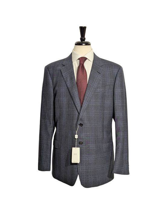 Armani Collezioni Navy Blue and Gray Check 100% Wool Notch Lapel 2 Button Suit 46R