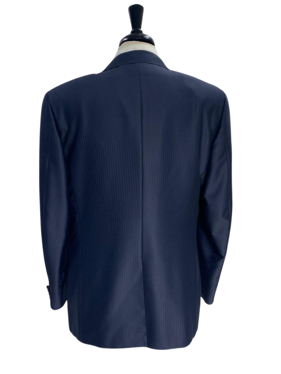Canali Navy Blue Tonal Pinstriped Peak Lapel Wool-Silk Blend 1 Button Suit 44L