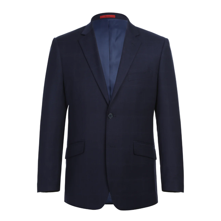 Raphael Windowpane Navy Blue Slim Fit Notch Lapels Two Button Stretch Suit
