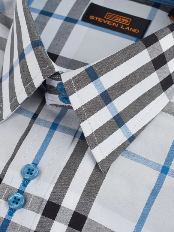 Steven Land Mens Blue Plaid Classic Fit 100% Cotton Dress Shirt