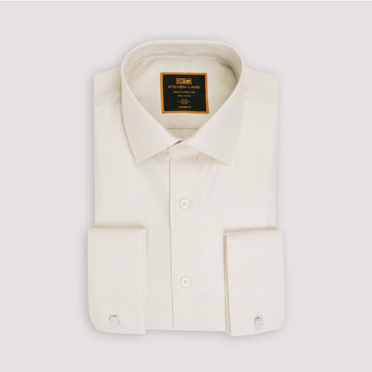 Steven Land Cream Herringbone Tailored Fit Spread Collar Wrinkle & Shrink Free Cotton Dress Shirt