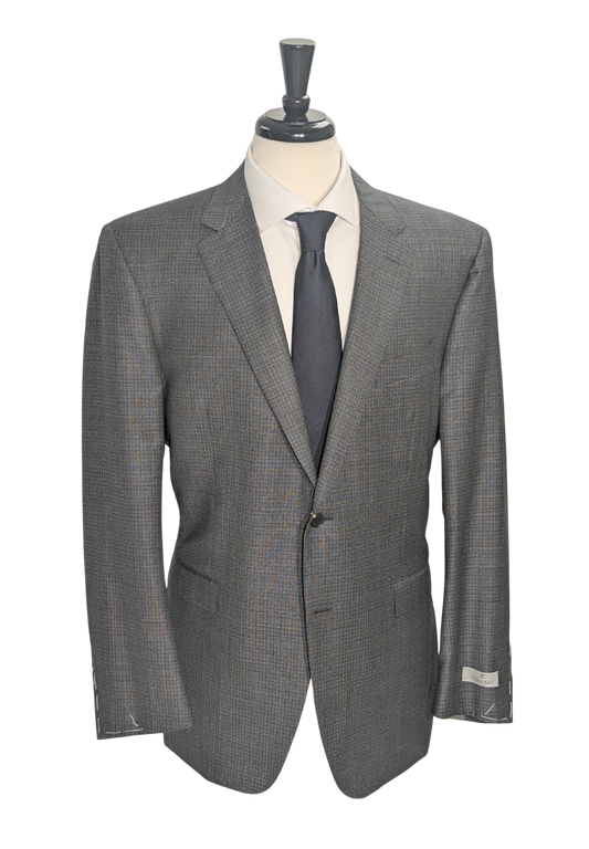 Canali Dark Gray Woven Check Pattern Classic Fit 100% Wool Suit 48R