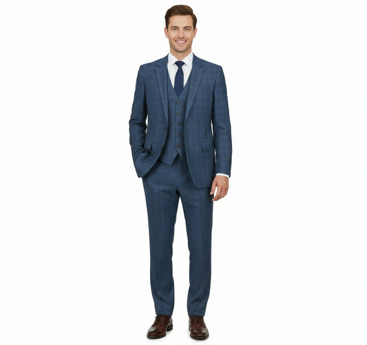 Raphael Blue Plaid Classic Fit Notch Lapel Two Button 3 Piece Suit