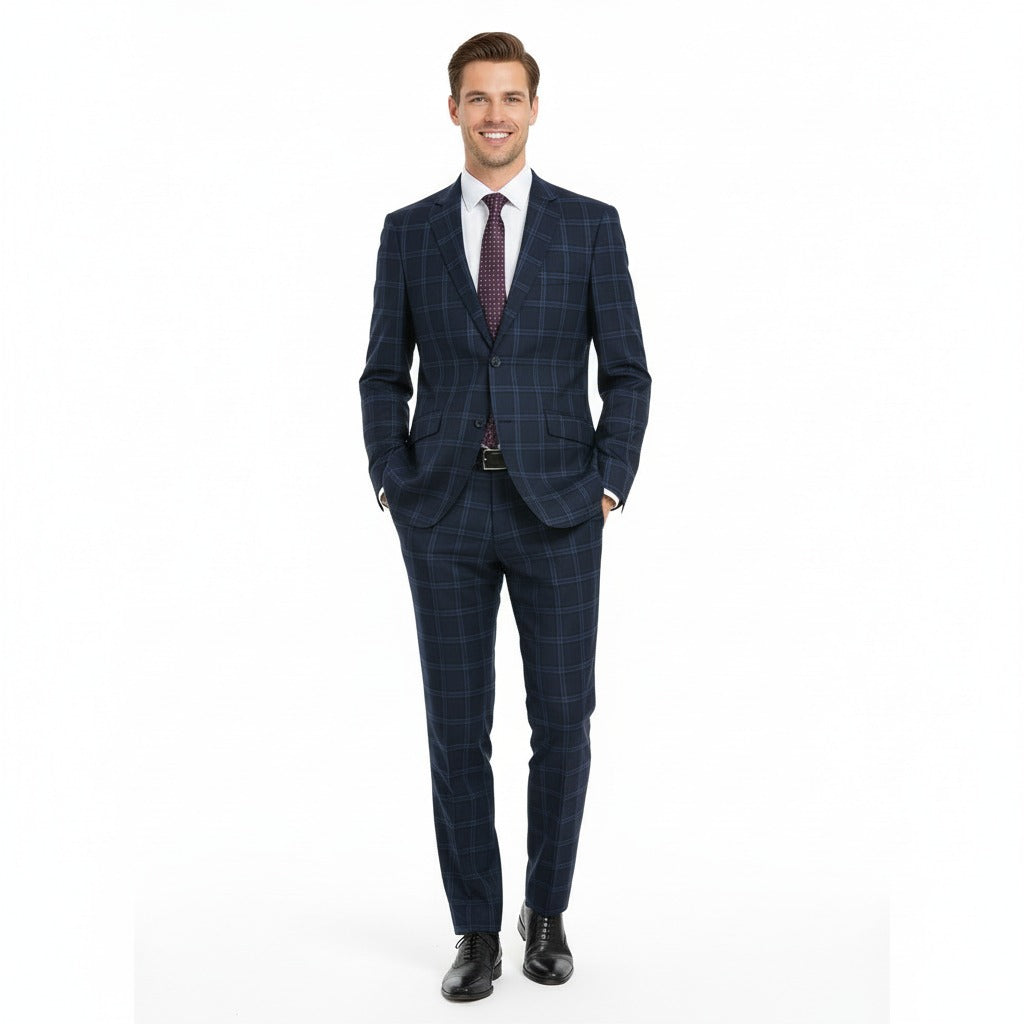 Raphael Windowpane Navy Blue Slim Fit Notch Lapels Two Button Stretch Suit