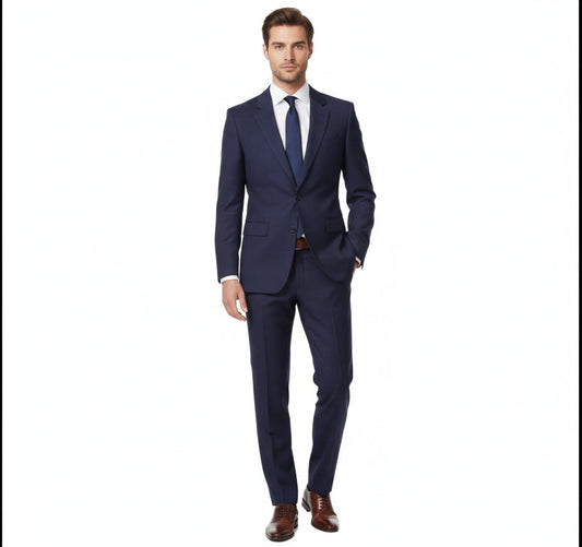 Raphael Windowpane Navy Blue Slim Fit Notch Lapels Two Button Stretch Suit