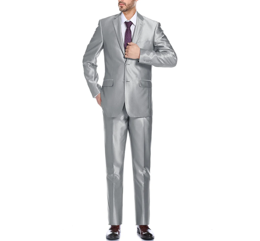 Raphael Mens Silver Sharkskin Classic Fit Notch Lapels Italian Style 2 Button Suit