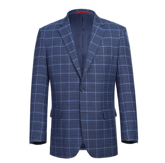 Raphael Blue Windowpane Classic Fit Notch Lapel Stretch Two Button Blazer
