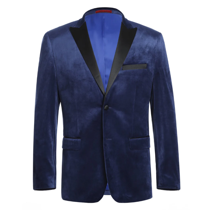 Raphael Navy Velvet Slim Fit Stretch Peak Lapel Tuxedo Blazer