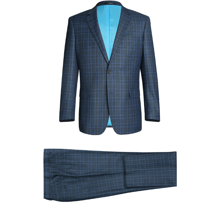 Raphael Blue Windowpane Check Classic Fit Notch Lapel Two Button Suit