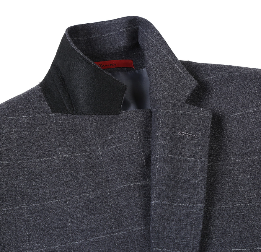 Raphael Mens Gray Windowpane Slim Fit Notch Lapels 2 Buttons Stretch Suit