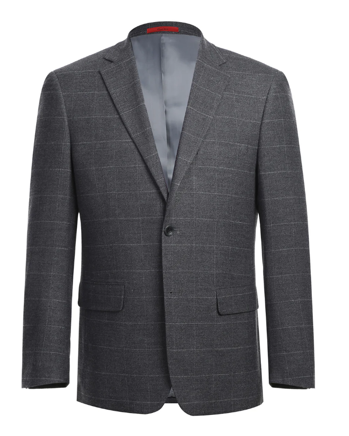 Raphael Mens Gray Windowpane Slim Fit Notch Lapels 2 Buttons Stretch Suit