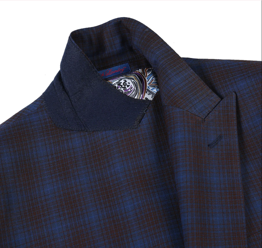 English Laundry Mens Navy with Brown Check Slim Fit Peak Lapel 2 Button Stretch Suit