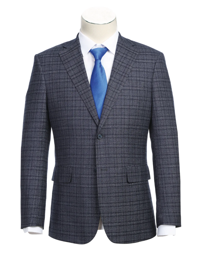 English Laundry Windowpane Blue Denim Style Slim Fit Notch Lapel Stretch 3-Piece Suit