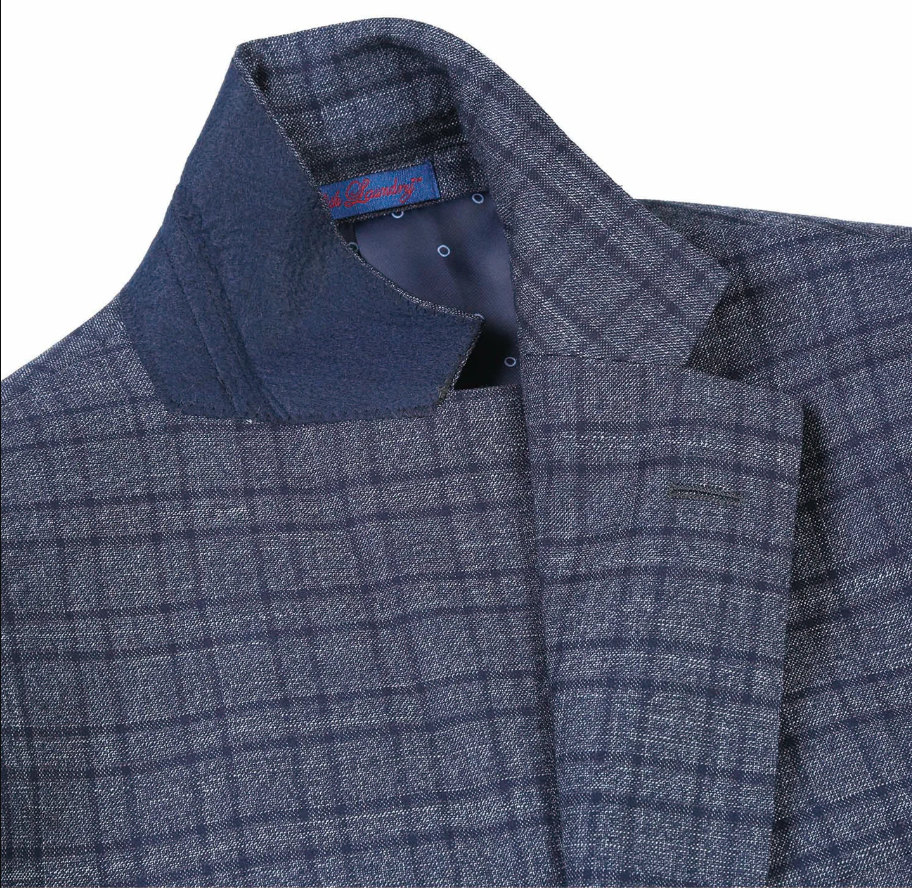 English Laundry Windowpane Blue Denim Style Slim Fit Notch Lapel Stretch 3-Piece Suit