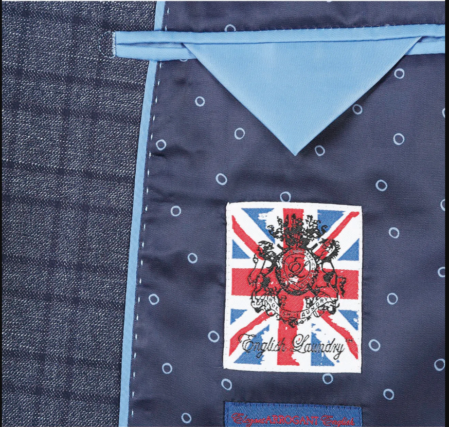 English Laundry Windowpane Blue Denim Style Slim Fit Notch Lapel Stretch 3-Piece Suit