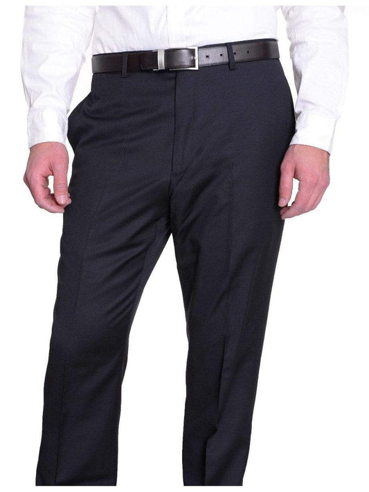 Tommy Hilfiger Mens Trim Fit Solid Navy Blue Flat Front Worsted Wool Dress Pants